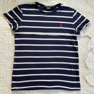 Ralph Lauren Navy Blue and White Striped Polo Tee with Red Pony